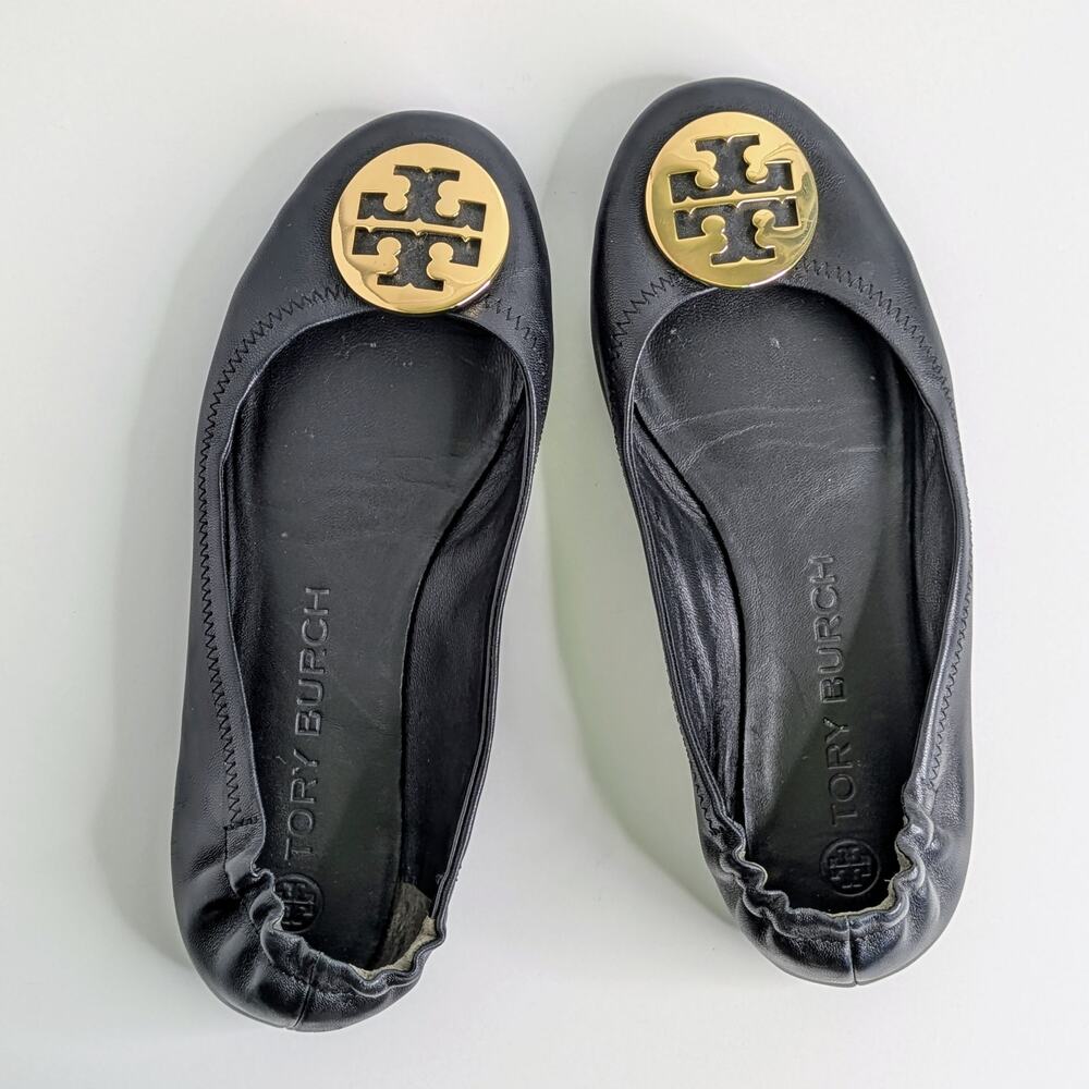 Tory Burch Minnie Travel Flats 8 Black Leather Gold Logo Ballet Designer GUC - Picture 4 of 14
